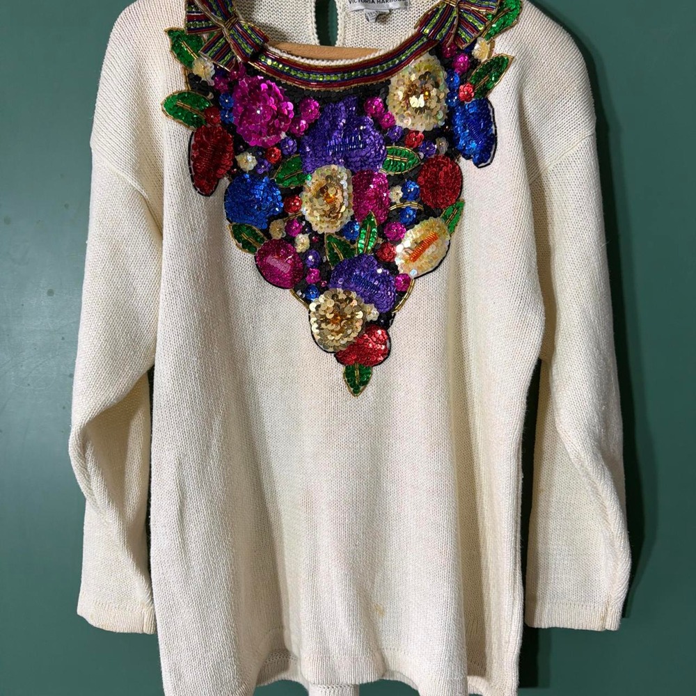 Victoria Harbour Vintage 80s Floral Embroidered Sequin Bead Sweater Cream Large